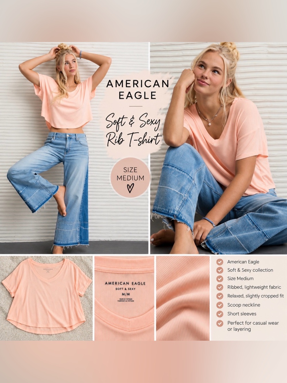 American Eagle Outfitters Soft and Sexy Ribbed Tee in Beach Peach